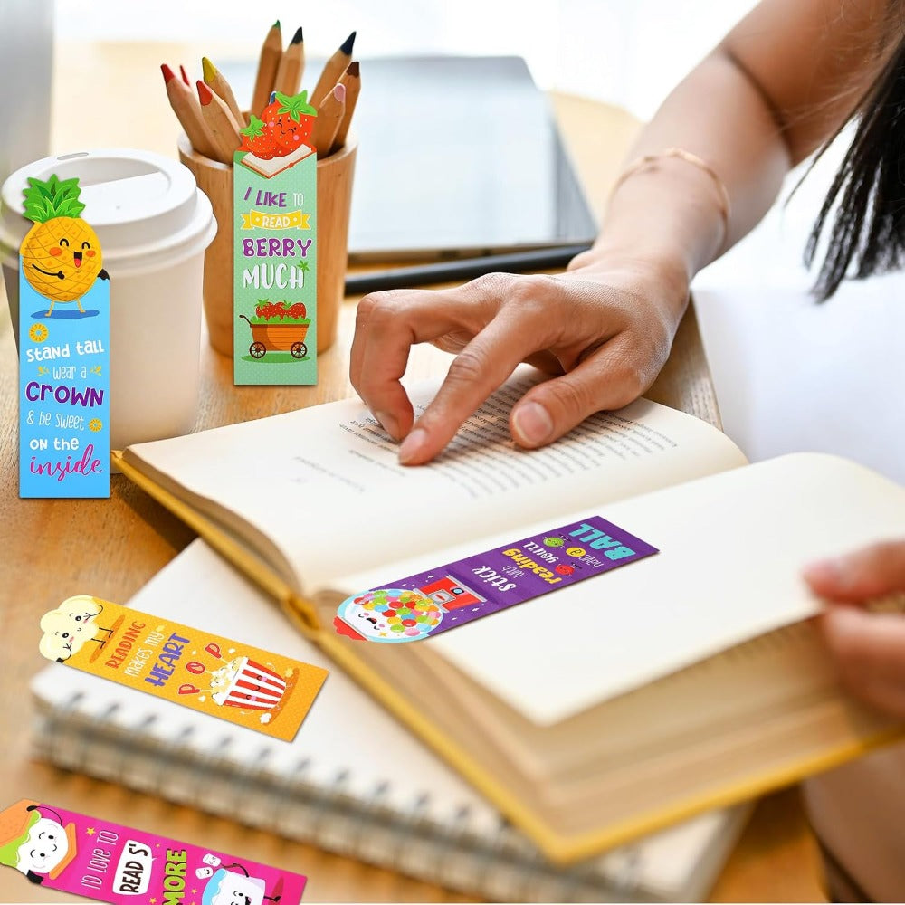 30 Pieces Scratch and Sniff Scented Bookmarks Kids Fruit Food Theme Sayings Bookmarks Sayings Assorted Cute Scented Gifts for Students Teens Food Lovers, 10 Styles