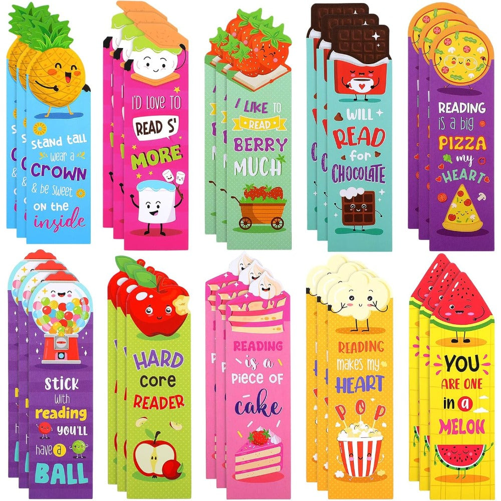 30 Pieces Scratch and Sniff Scented Bookmarks Kids Fruit Food Theme Sayings Bookmarks Sayings Assorted Cute Scented Gifts for Students Teens Food Lovers, 10 Styles