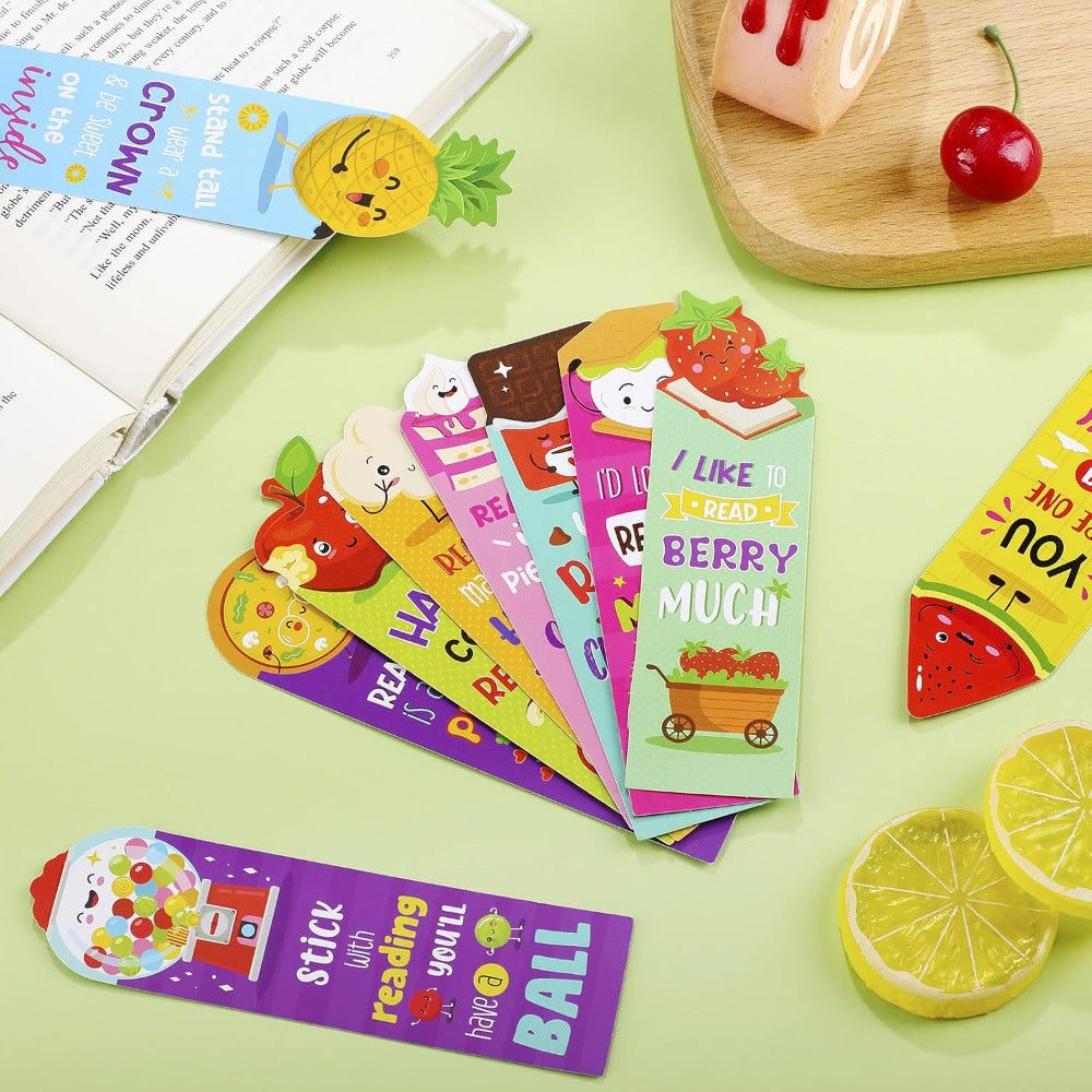 30 Pieces Scratch and Sniff Scented Bookmarks Kids Fruit Food Theme Sayings Bookmarks Sayings Assorted Cute Scented Gifts for Students Teens Food Lovers, 10 Styles