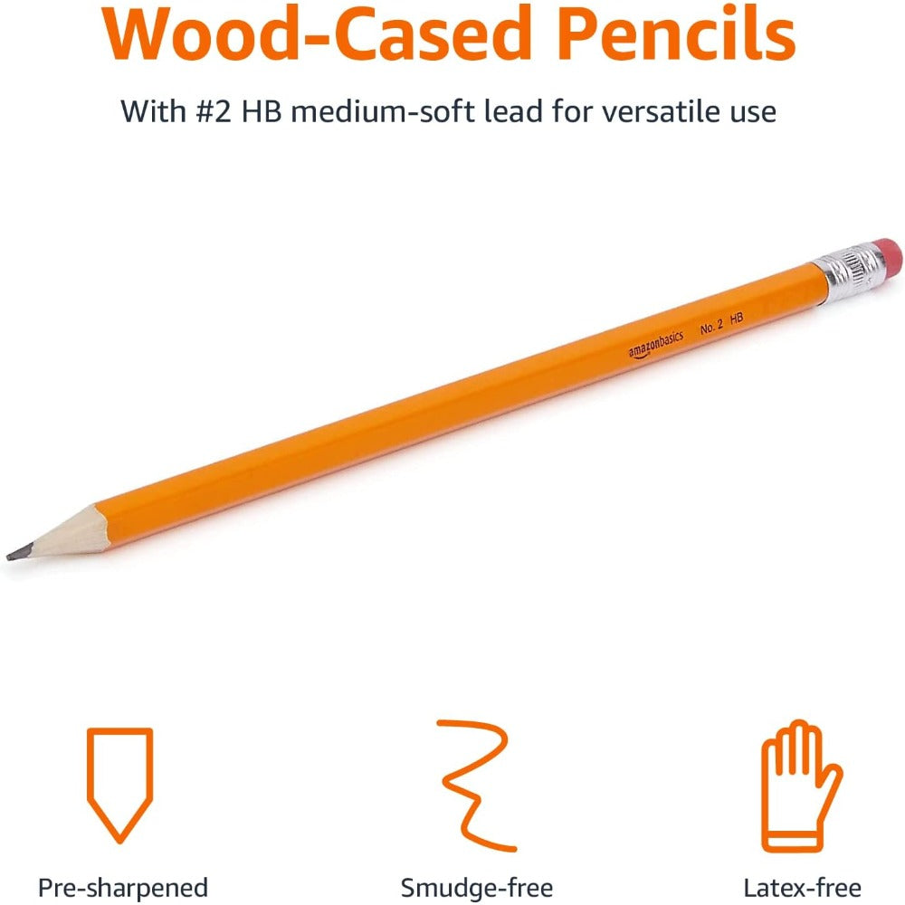 Basics Wood-Cased #2 HB School Pencils with Erasers for Writing and Drawing, Pre-sharpened, Soft Strong Lead, Orange, 30 Count