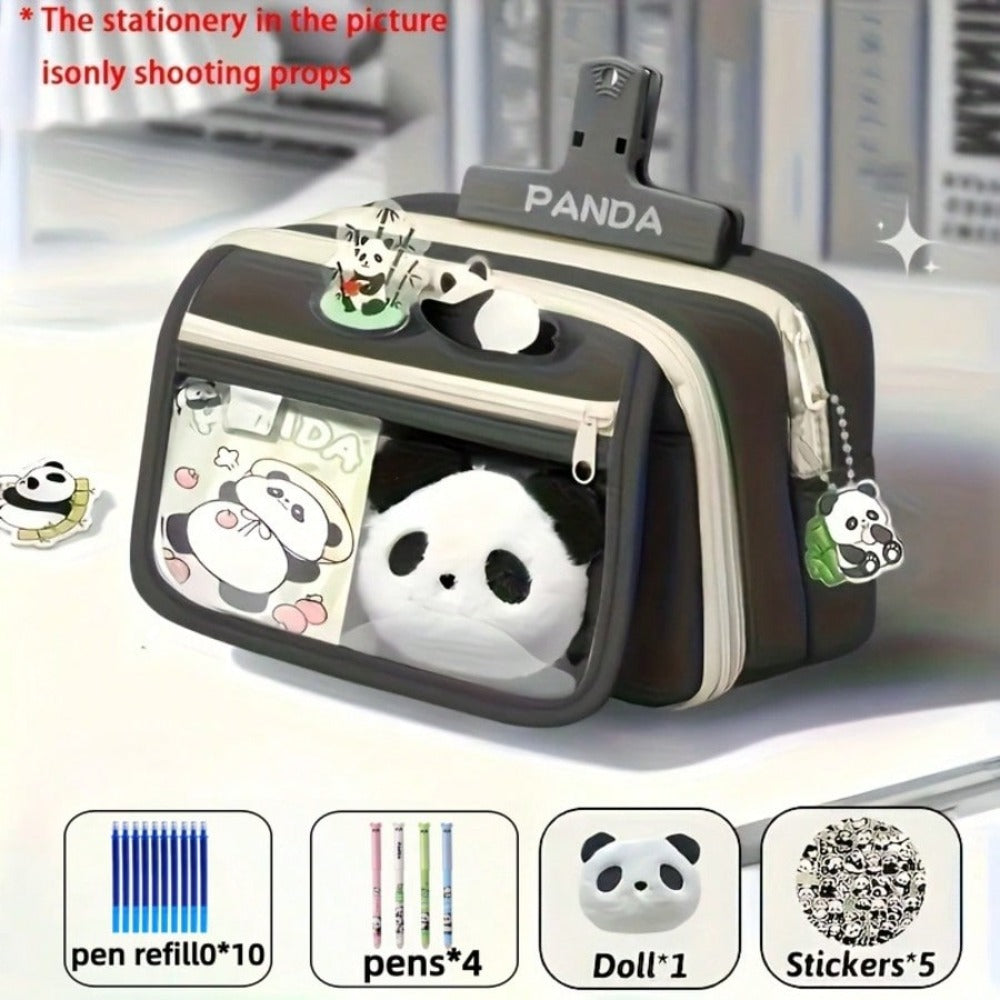 21pcs Panda Pencil Case Set - PandaCosas - School Supplies - Includes Panda Doll Stickers And Pencil Case, Pens And Pencil Leads - Large Capacity Learning Supplies, Multi-Compartment Storage Box Pencil Bag - Back To School, School Season, Graduation Seaso