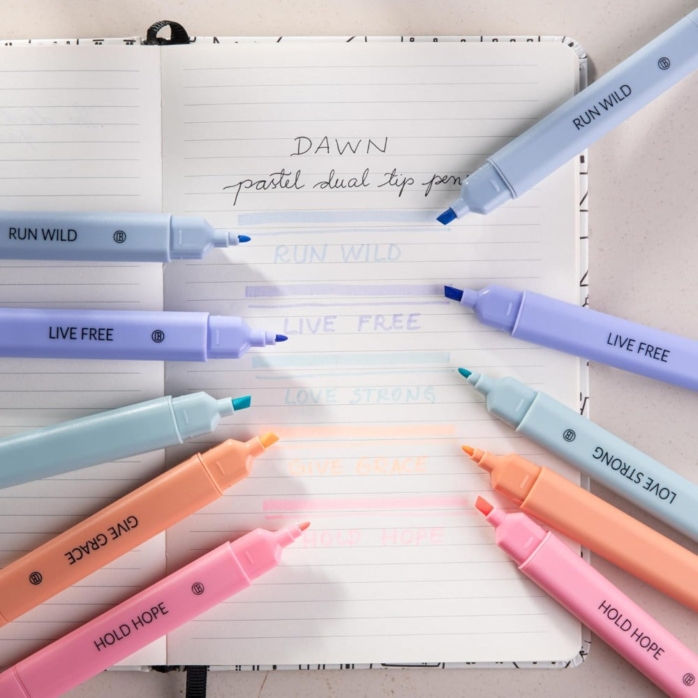 Highlighters Assorted Colors, 5 Pack No Bleed Dual Tip Aesthetic Pastel Highlighter Pens for Journaling, Note Taking, School, Bible Study Supplies and Accessories (Dawn)