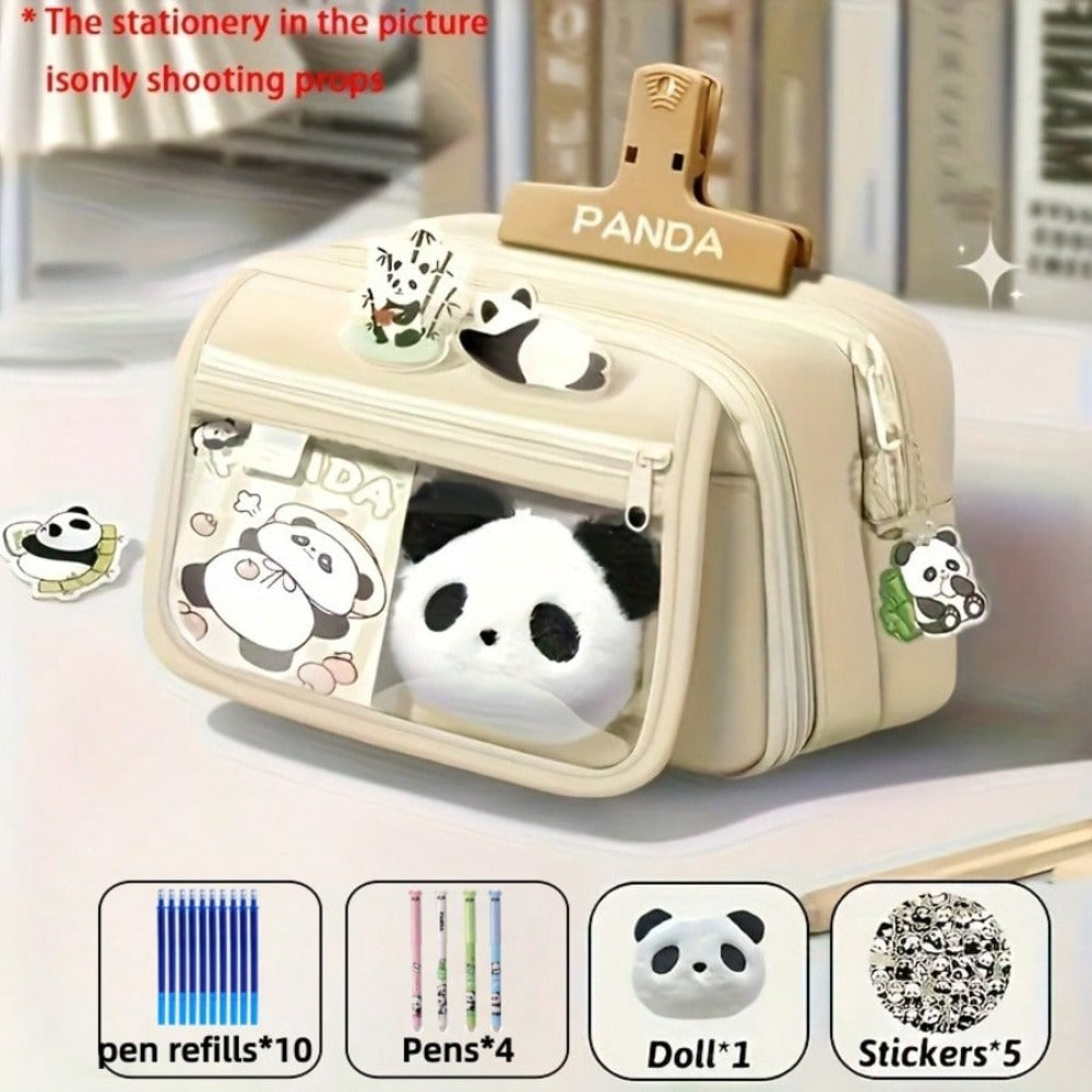 21pcs Panda Pencil Case Set - PandaCosas - School Supplies - Includes Panda Doll Stickers And Pencil Case, Pens And Pencil Leads - Large Capacity Learning Supplies, Multi-Compartment Storage Box Pencil Bag - Back To School, School Season, Graduation Seaso