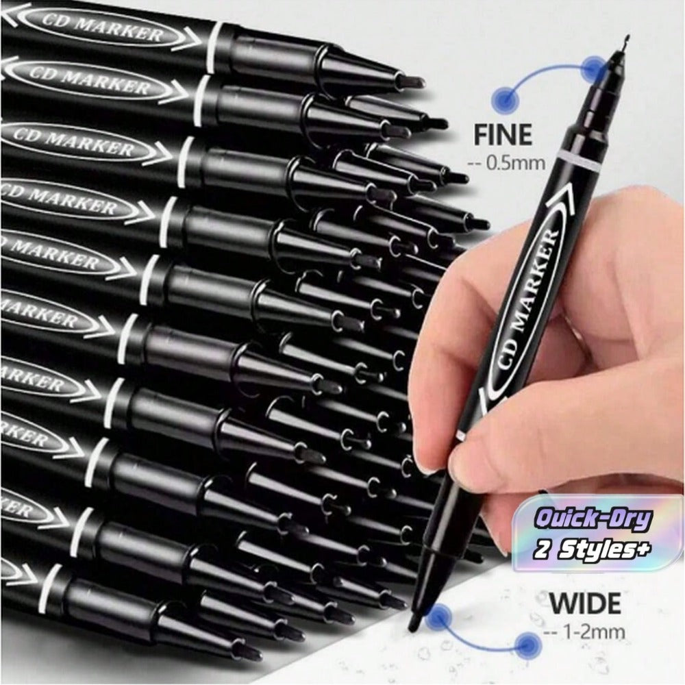 4pcs Double-Ended Permanent Marker Pens - Alcohol And Oil-Based, Black, Fine And Chisel Tip, Bleed-Proof, Suitable For Painting, Sketching - Office, School And Stationery Supplies