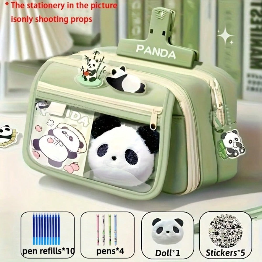 21pcs Panda Pencil Case Set - PandaCosas - School Supplies - Includes Panda Doll Stickers And Pencil Case, Pens And Pencil Leads - Large Capacity Learning Supplies, Multi-Compartment Storage Box Pencil Bag - Back To School, School Season, Graduation Seaso