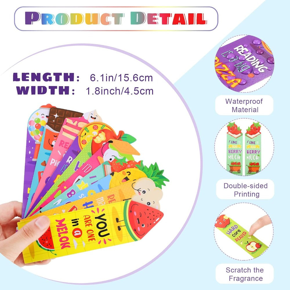 30 Pieces Scratch and Sniff Scented Bookmarks Kids Fruit Food Theme Sayings Bookmarks Sayings Assorted Cute Scented Gifts for Students Teens Food Lovers, 10 Styles