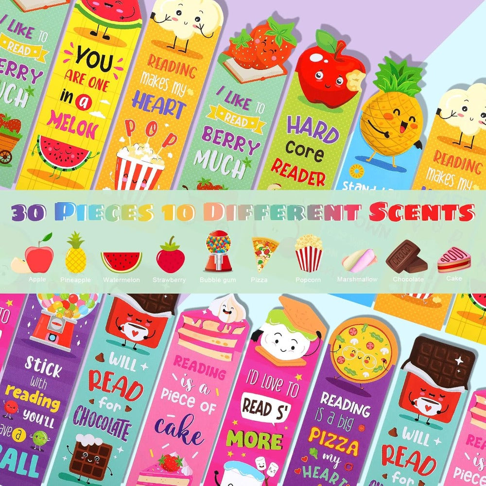 30 Pieces Scratch and Sniff Scented Bookmarks Kids Fruit Food Theme Sayings Bookmarks Sayings Assorted Cute Scented Gifts for Students Teens Food Lovers, 10 Styles