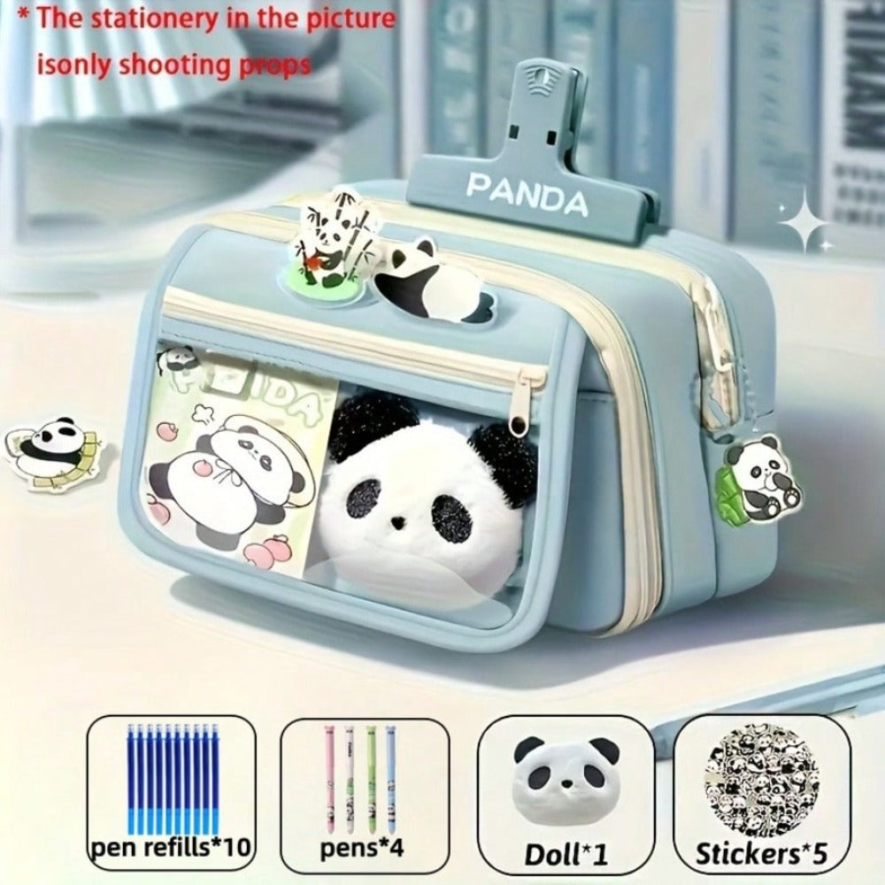 21pcs Panda Pencil Case Set - PandaCosas - School Supplies - Includes Panda Doll Stickers And Pencil Case, Pens And Pencil Leads - Large Capacity Learning Supplies, Multi-Compartment Storage Box Pencil Bag - Back To School, School Season, Graduation Seaso